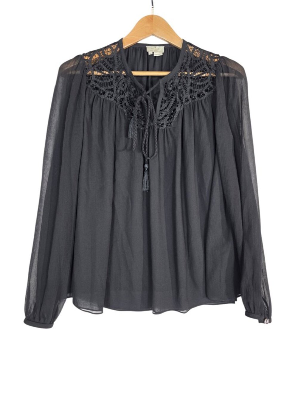 Kate Spade New York Black Silk Blouse with Lace Yoke – Size S